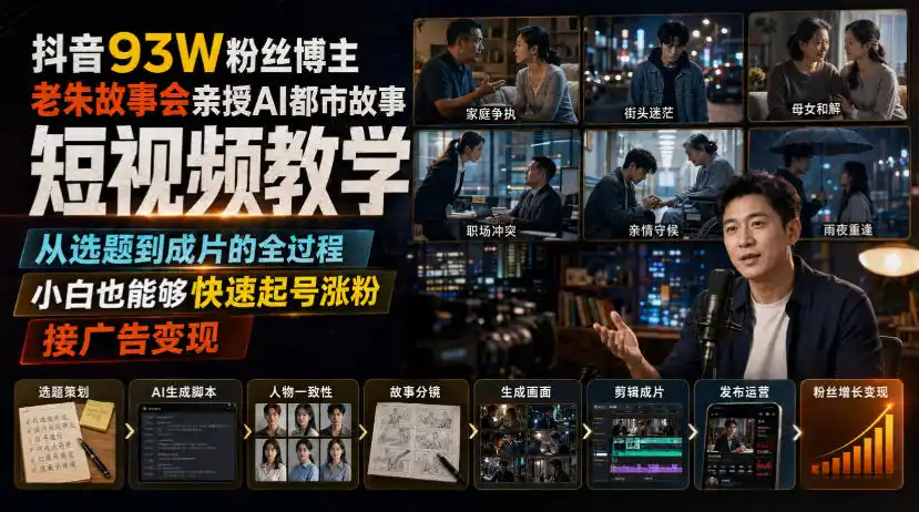 抖音93W粉丝博主老朱故事会亲授AI都市故事短视频教学，从选题到成片的全过程，小白也能够快速起号涨粉接广告变现云学当下-创业资源网-知予轻创网-资源整合-互联网创业课程云学当下