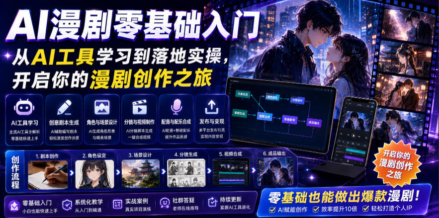 AI漫剧零基础入门，从AI工具学习到落地实操，开启你的漫剧创作之旅云学当下-创业资源网-知予轻创网-资源整合-互联网创业课程云学当下