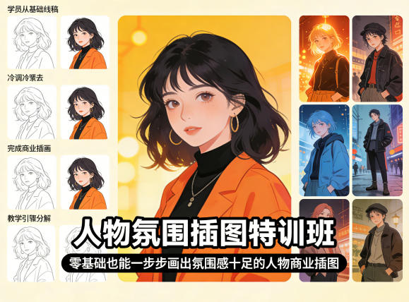 人物氛围插图特训班，零基础也能一步步画出氛围感十足的人物商业插图-云学当下