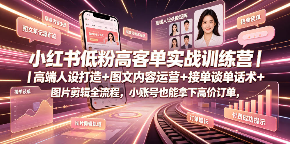 小红书低粉高客单实战训练营｜高端人设打造+图文内容运营+接单谈单话术+图片剪辑全流程，小账号也能拿下高价订单云学当下-创业资源网-知予轻创网-资源整合-互联网创业课程云学当下