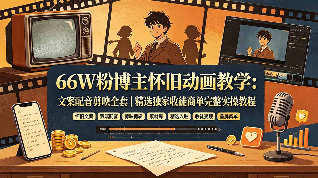 66W粉博主怀旧动画教学：文案配音剪映全套｜精选独家收徒商单完整实操教程云学当下-创业资源网-知予轻创网-资源整合-互联网创业课程云学当下