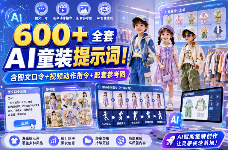 600+全套AI童装提示词!含图文口令+视频动作指令+配套参考图,Word-Excel规整分类,童装电商、种草无脑量产内容!云学当下-创业资源网-知予轻创网-资源整合-互联网创业课程云学当下