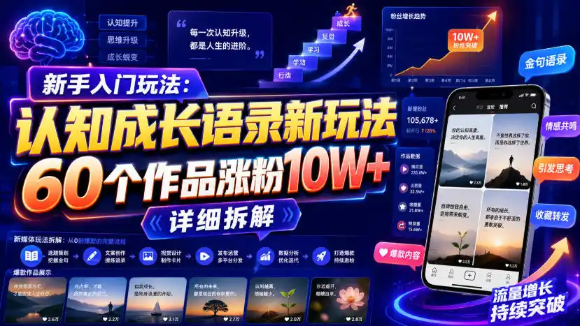 新手入门玩法:认知成长语录新玩法,60个作品涨粉10W+,详细拆解云学当下-创业资源网-知予轻创网-资源整合-互联网创业课程云学当下