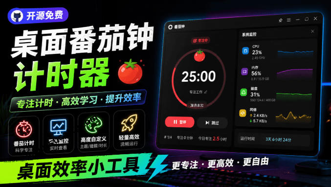 仅1.16MB,开源极简的桌面时钟、番茄钟计时器,还支持系统监控显示,桌面效率小工具Catime云学当下-创业资源网-知予轻创网-资源整合-互联网创业课程云学当下