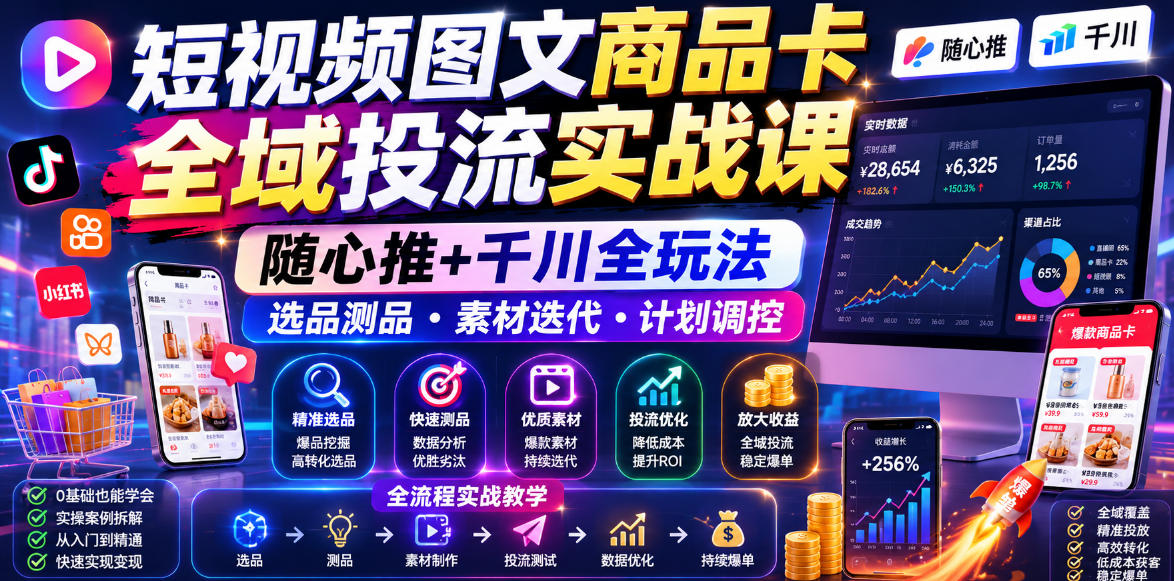 短视频图文商品卡全域投流实战课,随心推+千川全玩法,选品测品・素材迭代・计划调控,提升ROI爆单增收教程云学当下-创业资源网-知予轻创网-资源整合-互联网创业课程云学当下