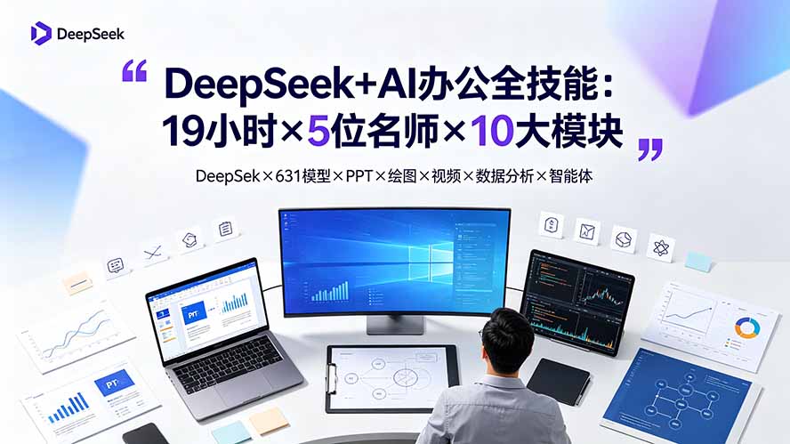 DeepSeek+AI办公全技能:19小时×5位名师×10大模块,DeepSeek×631模型×PPT×绘图×视频×数据分析×智能体云学当下-创业资源网-知予轻创网-资源整合-互联网创业课程云学当下