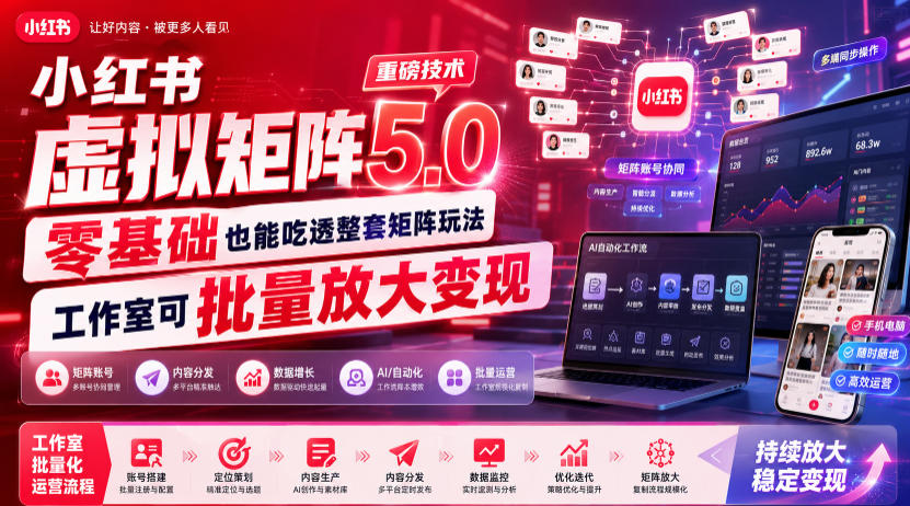 小红书虚拟矩阵5.0重磅技术,零基础也能吃透整套矩阵玩法,工作室可批量放大变现云学当下-创业资源网-知予轻创网-资源整合-互联网创业课程云学当下