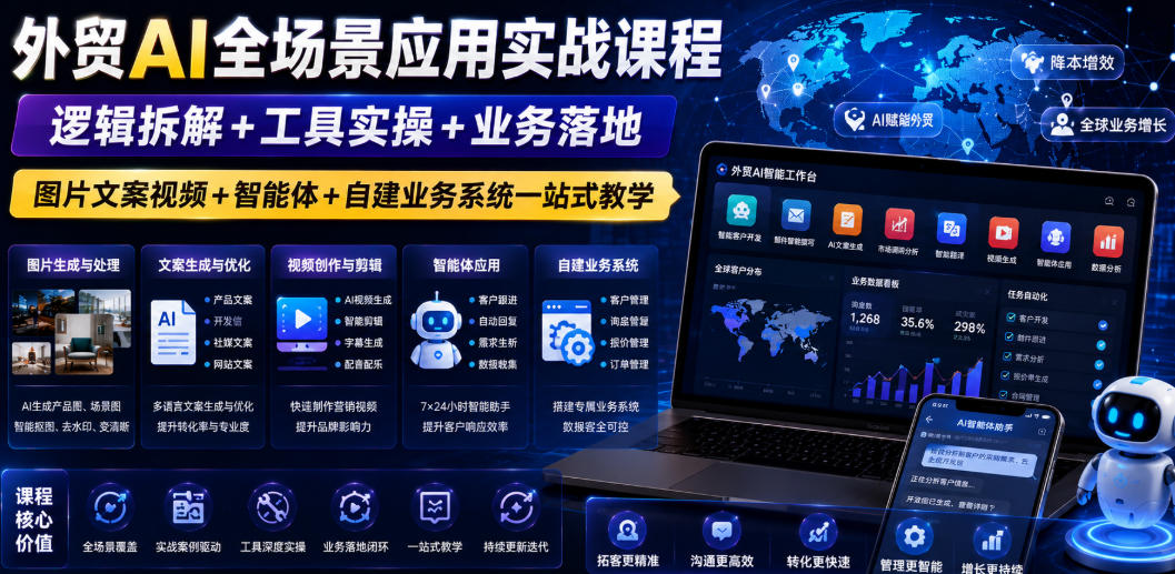 外贸AI全场景应用实战课程｜逻辑拆解+工具实操+业务落地，图片文案视频+智能体+自建业务系统一站式教学云学当下-创业资源网-知予轻创网-资源整合-互联网创业课程云学当下