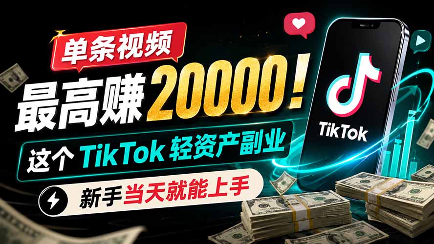 单条视频最高赚 20000!这个 TikTok 轻资产副业,新手当天就能上手云学当下-创业资源网-知予轻创网-资源整合-互联网创业课程云学当下