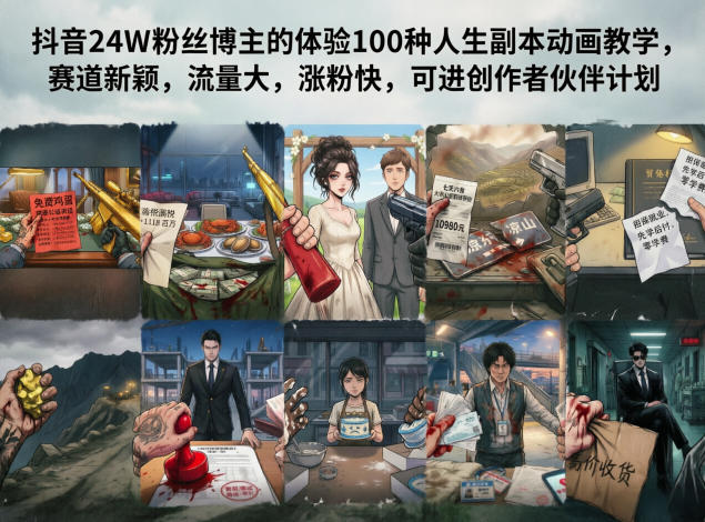抖音24W粉丝博主的体验100种人生副本动画教学,赛道新颖,流量大,涨粉快,可进创作者伙伴计划云学当下-创业资源网-知予轻创网-资源整合-互联网创业课程云学当下