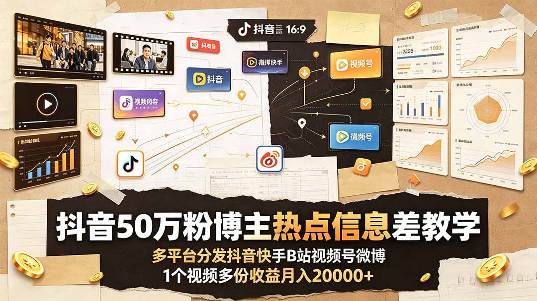 抖音50万粉博主热点信息差教学：多平台分发抖音快手B站视频号微博，1个视频多份收益月入20000+云学当下-创业资源网-知予轻创网-资源整合-互联网创业课程云学当下