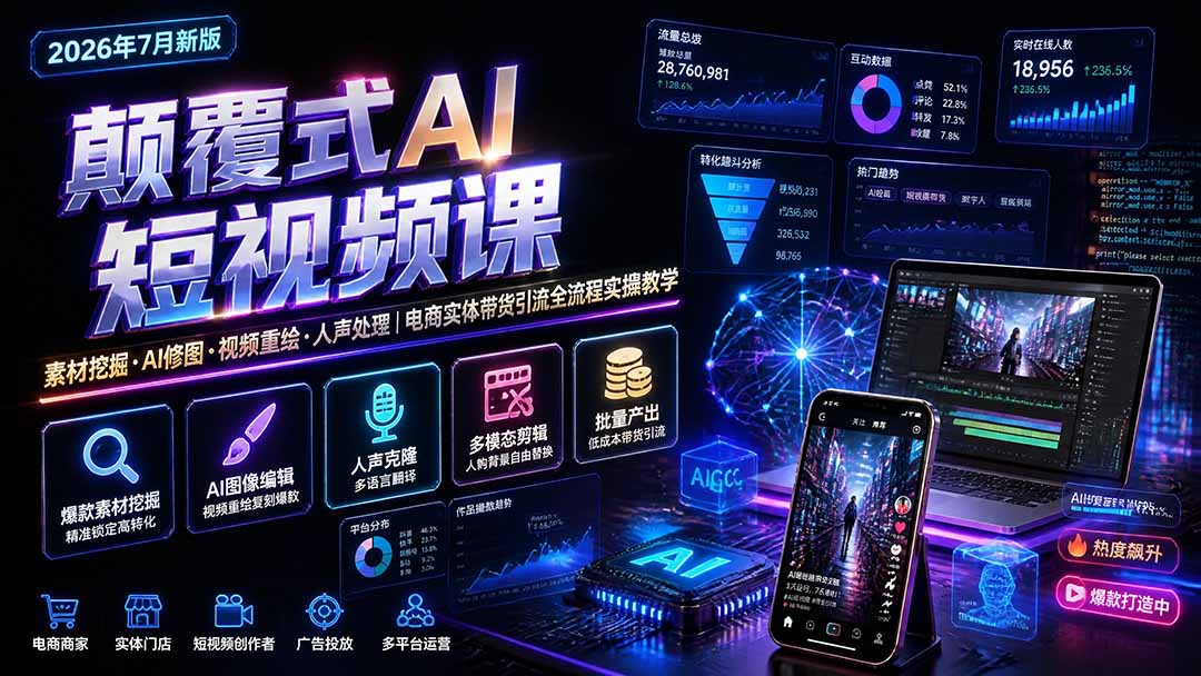颠覆式AI短视频课｜素材挖掘，AI修图，视频重绘，人声处理｜电商实体带货引流全流程实操教学云学当下-创业资源网-知予轻创网-资源整合-互联网创业课程云学当下