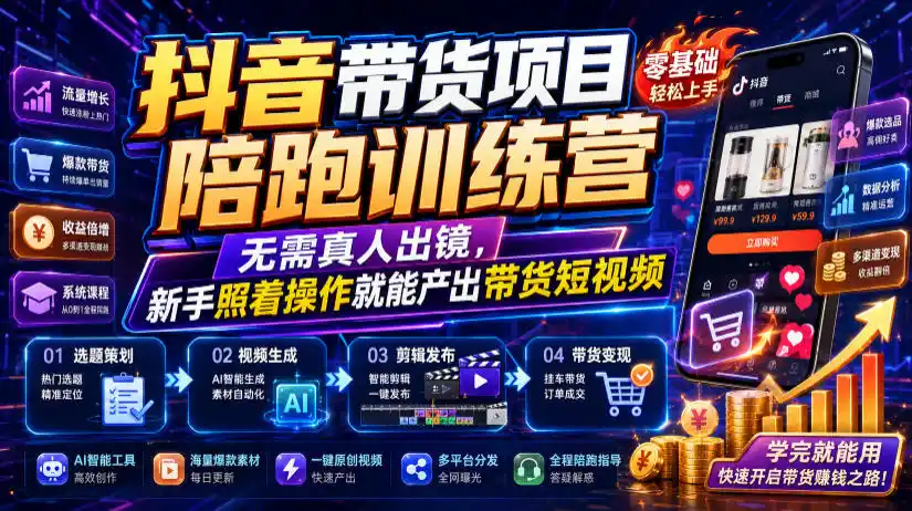 抖音带货项目陪跑训练营，无需真人出镜，新手照着操作就能产出带货短视频(更新0811)云学当下-创业资源网-知予轻创网-资源整合-互联网创业课程云学当下