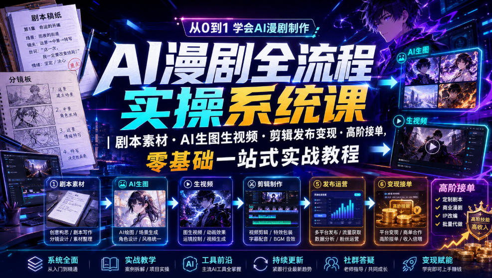 AI漫剧全流程实操系统课|剧本素材・AI生图生视频・剪辑发布变现・高阶接单,零基础一站式实战教程云学当下-创业资源网-知予轻创网-资源整合-互联网创业课程云学当下