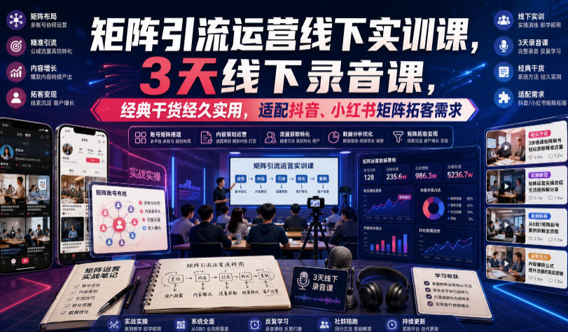 嗨推矩阵引流运营线下实训课，3天线下录音课，经典干货经久实用，适配抖音、小红书矩阵拓客需求云学当下-创业资源网-知予轻创网-资源整合-互联网创业课程云学当下