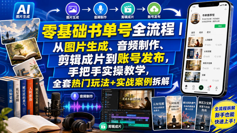 零基础书单号全流程｜从图片生成、音频制作、剪辑成片到账号发布，手把手实操教学，全套热门玩法+实战案例拆解云学当下-创业资源网-知予轻创网-资源整合-互联网创业课程云学当下