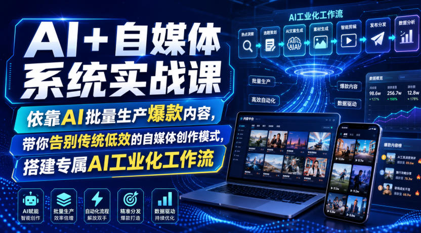 AI+自媒体系统实战课，依靠AI批量生产爆款内容，带你告别传统低效的自媒体创作模式，搭建专属AI工业化工作流云学当下-创业资源网-知予轻创网-资源整合-互联网创业课程云学当下
