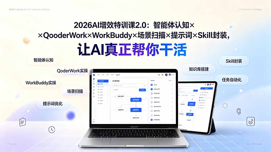 2026AI增效特训课2.0：智能体认知×QoderWork×WorkBuddy×场景扫描×提示词×Skill封装，让AI真正帮你干活云学当下-创业资源网-知予轻创网-资源整合-互联网创业课程云学当下