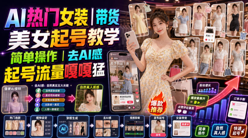 AI热门女装带货丨美女起号教学，简单操作，去AI感，起号流量嘎嘎猛云学当下-创业资源网-知予轻创网-资源整合-互联网创业课程云学当下