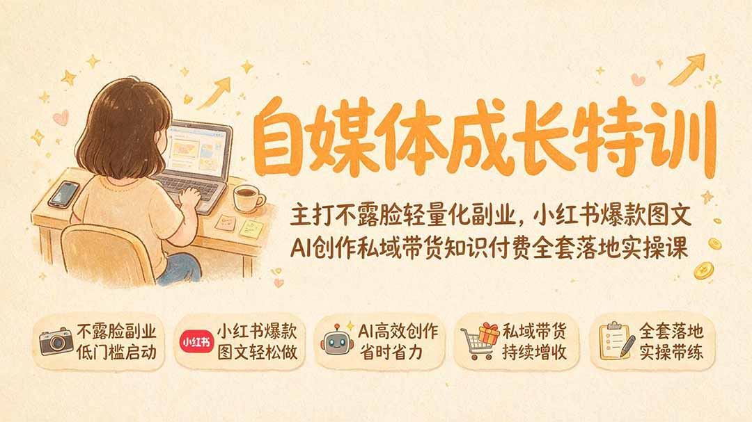 自媒体成长特训｜主打不露脸轻量化副业，小红书爆款图文AI创作私域带货知识付费全套落地实操课云学当下-创业资源网-知予轻创网-资源整合-互联网创业课程云学当下