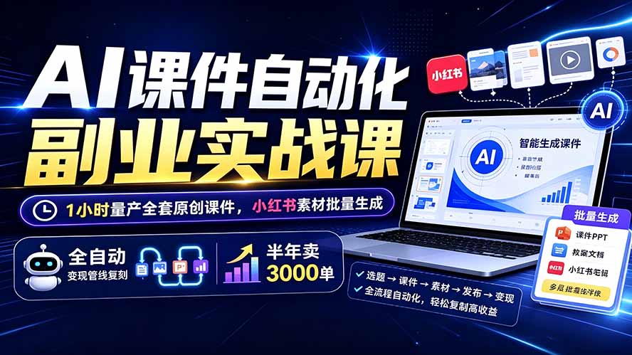 AI课件自动化副业实战课：1小时量产全套原创课件×小红书素材批量生成×全自动变现管线×半年卖3000单云学当下-创业资源网-知予轻创网-资源整合-互联网创业课程云学当下