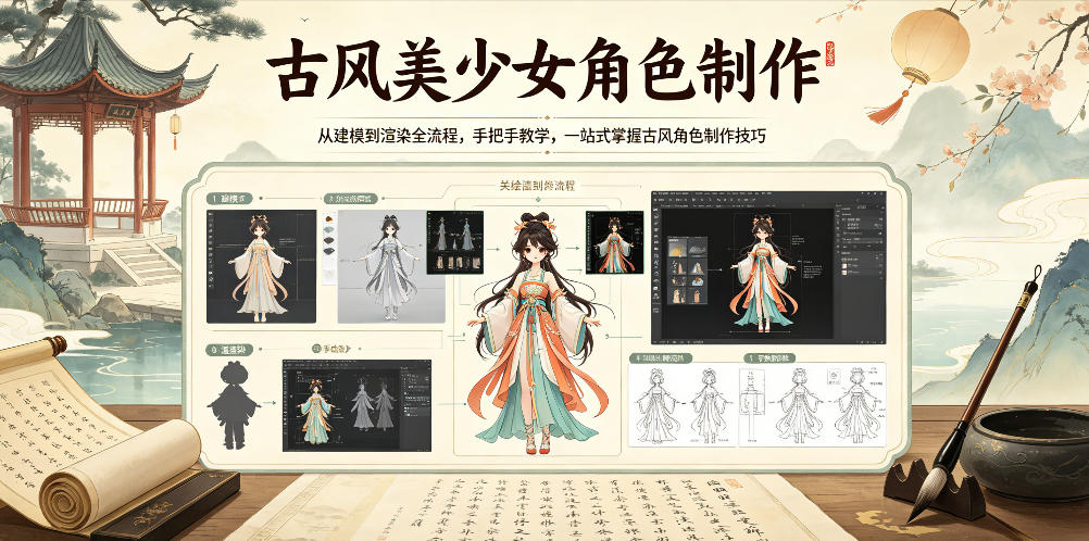 古风美少女角色制作，从建模到渲染全流程，手把手教学，一站式掌握古风角色制作技巧云学当下-创业资源网-知予轻创网-资源整合-互联网创业课程云学当下