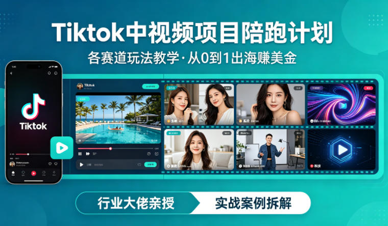 某大佬的Tiktok中视频项目陪跑，涵盖TK各个赛道玩法教学，从0到1出海賺美金云学当下-创业资源网-知予轻创网-资源整合-互联网创业课程云学当下