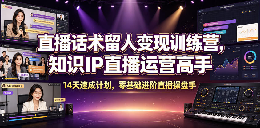 直播话术留人变现训练营，知识IP直播运营高手，14天速成计划，零基础进阶直播操盘手云学当下-创业资源网-知予轻创网-资源整合-互联网创业课程云学当下