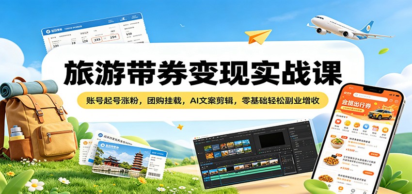 旅游带券变现实战课：账号起号涨粉，团购挂载，AI文案剪辑，零基础轻松副业增收云学当下-创业资源网-知予轻创网-资源整合-互联网创业课程云学当下