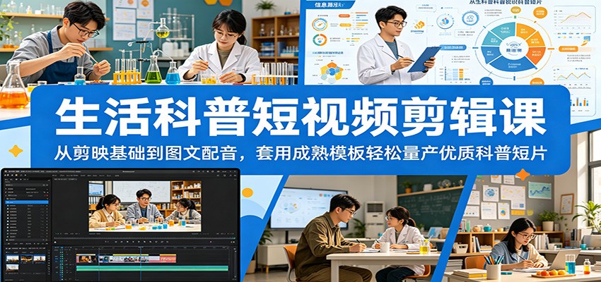 生活科普短视频剪辑课：从剪映基础到图文配音，套用成熟模板轻松量产优质科普短片云学当下-创业资源网-知予轻创网-资源整合-互联网创业课程云学当下