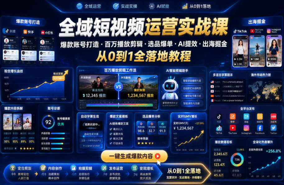 全域短视频运营实战课,爆款账号打造・百万播放剪辑・选品爆单・AI提效・出海掘金,从0到1全落地教程云学当下-创业资源网-知予轻创网-资源整合-互联网创业课程云学当下