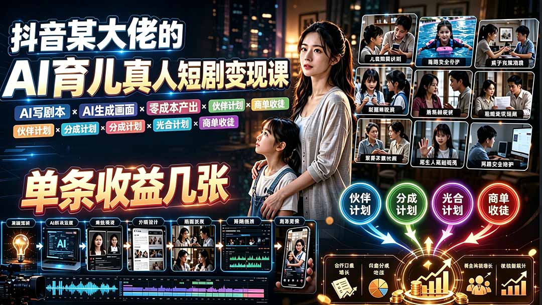 AI育儿真人短剧变现课：AI写剧本×AI生成画面×零成本产出×伙伴计划×分成计划×光合计划×商单收徒云学当下-创业资源网-知予轻创网-资源整合-互联网创业课程云学当下