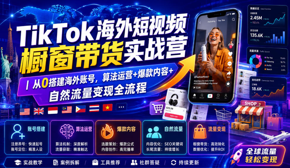 TikTok海外短视频橱窗带货实战营｜从0搭建海外账号，算法运营+爆款内容+自然流量变现全流程云学当下-创业资源网-知予轻创网-资源整合-互联网创业课程云学当下