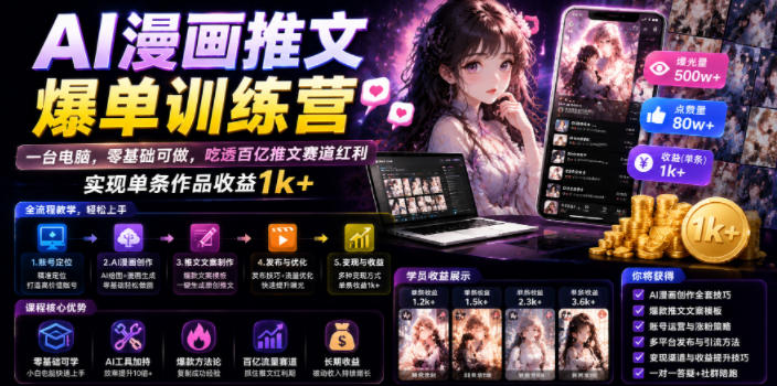 AI漫画推文爆单训练营,一台电脑,零基础可做,吃透百亿推文赛道红利,实现单条作品收益1k+云学当下-创业资源网-知予轻创网-资源整合-互联网创业课程云学当下