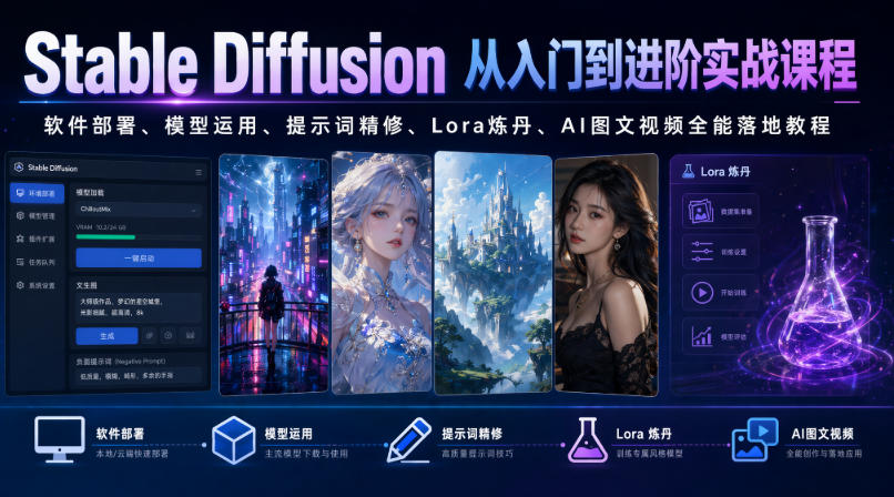 Stable Diffusion从入门到进阶实战课程｜软件部署、模型运用、提示词精修、Lora炼丹、AI图文视频全能落地教程云学当下-创业资源网-知予轻创网-资源整合-互联网创业课程云学当下