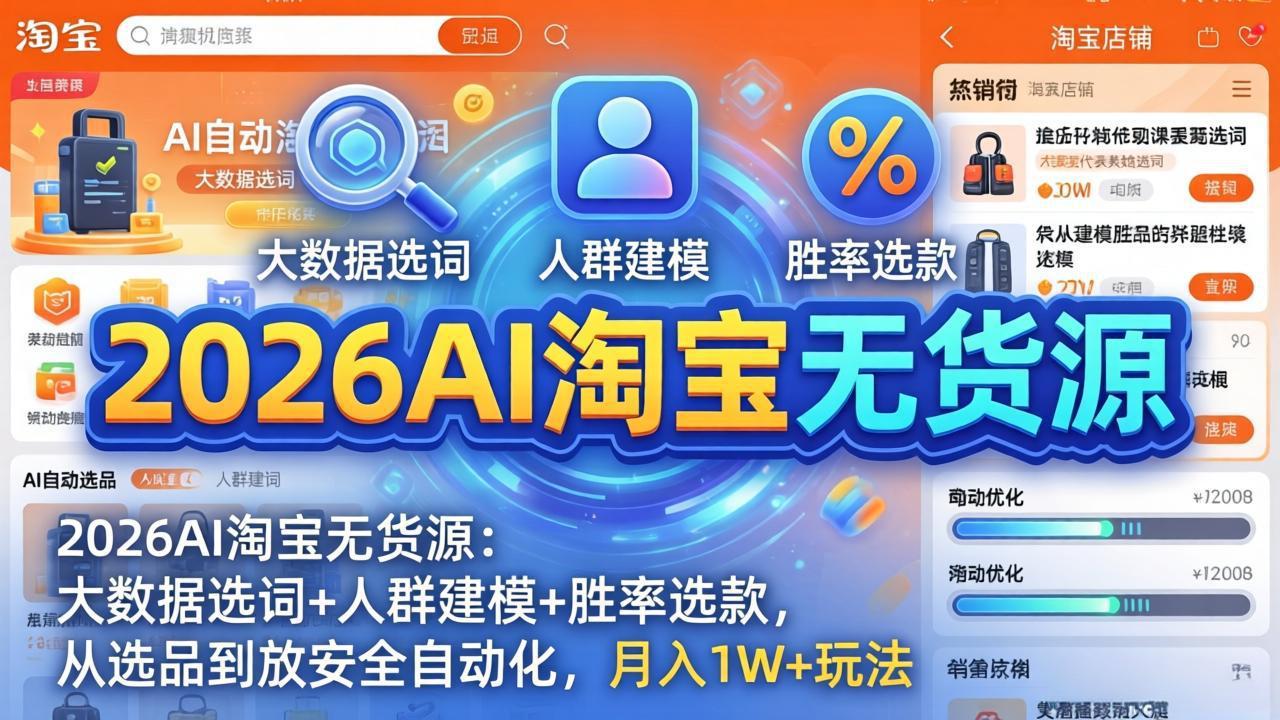 2026AI淘宝无货源-4月更新：大数据选词+人群建模+胜率选款，从选品到放大全自动化，月入1W+玩法云学当下-创业资源网-知予轻创网-资源整合-互联网创业课程云学当下