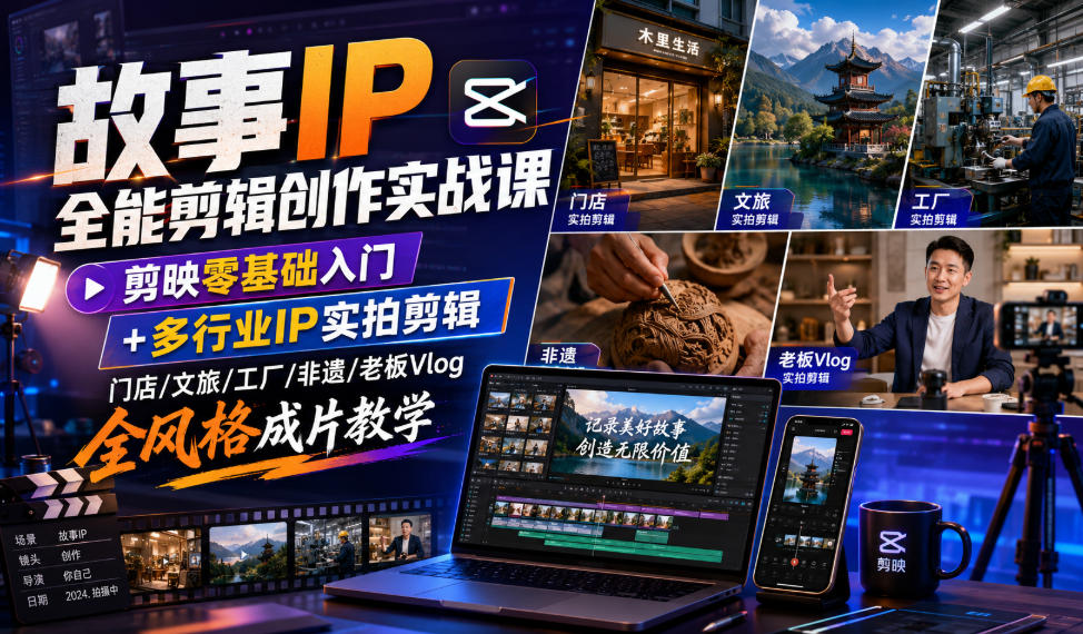 故事IP全能剪辑创作实战课|剪映零基础入门+多行业IP实拍剪辑,门店/文旅/工厂/非遗/老板Vlog全风格成片教学云学当下-创业资源网-知予轻创网-资源整合-互联网创业课程云学当下