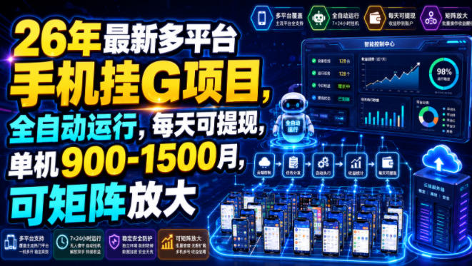 26年最新多平台手机挂G项目，全自动运行，每天可提现，单机900-1500月，可矩阵放大【揭秘】云学当下-创业资源网-知予轻创网-资源整合-互联网创业课程云学当下