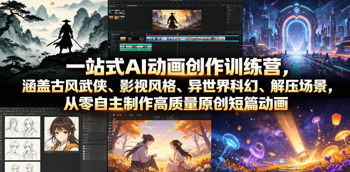 一站式AI动画创作训练营，涵盖古风武侠、影视风格、异世界科幻、解压场景，从零自主制作高质量原创短篇动画云学当下-创业资源网-知予轻创网-资源整合-互联网创业课程云学当下