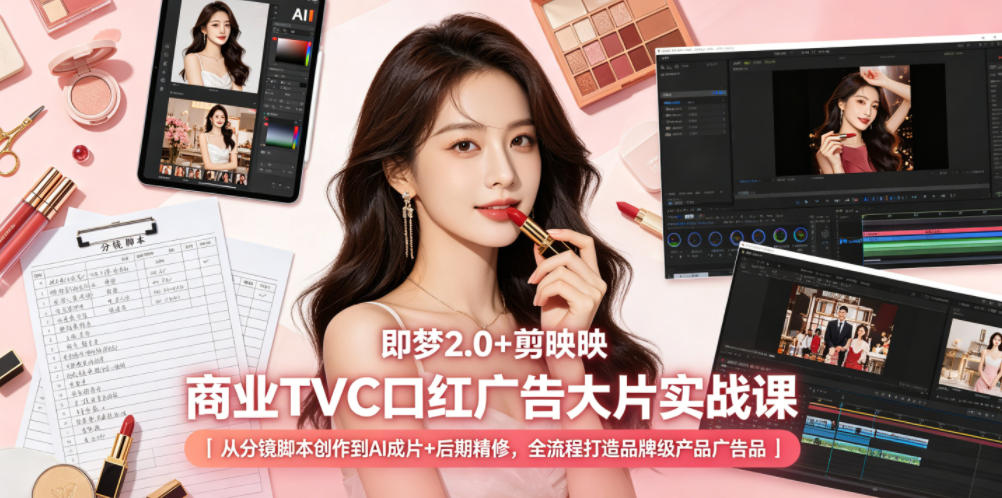 即梦2.0+剪映商业TVC口红广告大片实战课｜从分镜脚本创作到AI成片+后期精修，全流程打造品牌级产品广告云学当下-创业资源网-知予轻创网-资源整合-互联网创业课程云学当下