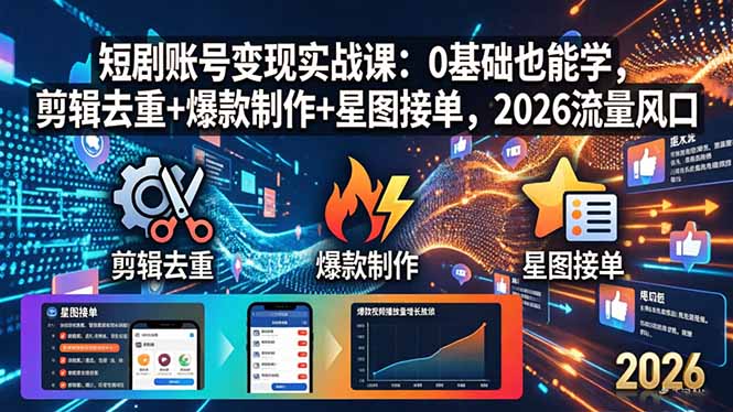 短剧账号变现实战课：0基础也能学，剪辑去重+爆款制作+星图接单，2026流量风口云学当下-创业资源网-知予轻创网-资源整合-互联网创业课程云学当下