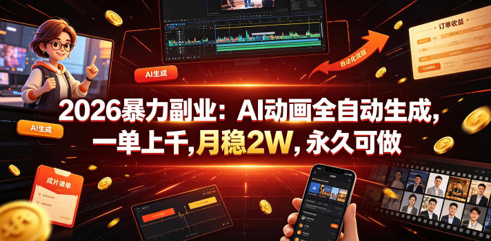 2026暴力副业：AI动画全自动生成，一单上千，月稳2W，永久可做【揭秘】云学当下-创业资源网-知予轻创网-资源整合-互联网创业课程云学当下