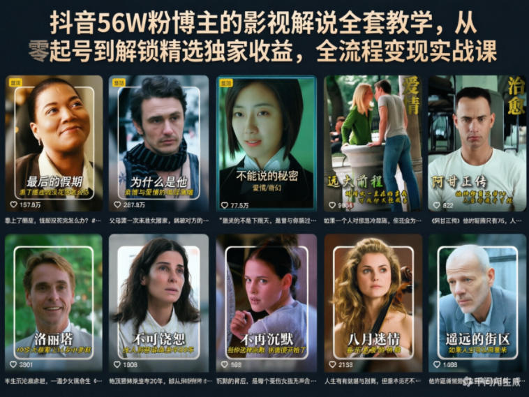 抖音56W粉博主的影视解说全套教学，从零起号到解锁精选独家收益，全流程变现实战课云学当下-创业资源网-知予轻创网-资源整合-互联网创业课程云学当下