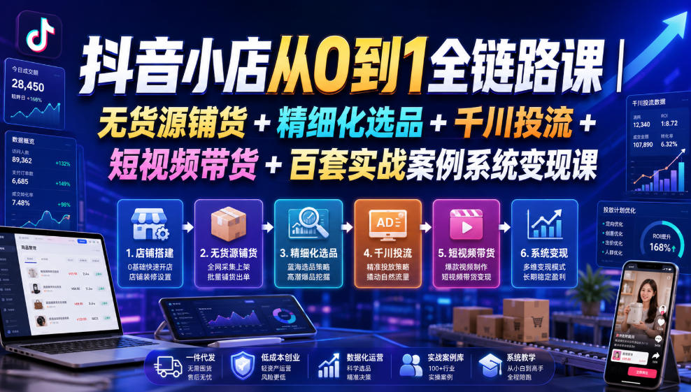 抖音小店从0到1全链路课|无货源铺货+精细化选品+千川投流+短视频带货+百套实战案例系统变现课(2026年7月更新)云学当下-创业资源网-知予轻创网-资源整合-互联网创业课程云学当下