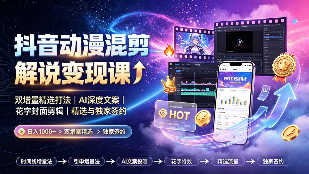 抖音动漫混剪解说变现课:双增量精选打法|AI深度文案|花字封面剪辑| 精选与独家签约日入1000+云学当下-创业资源网-知予轻创网-资源整合-互联网创业课程云学当下