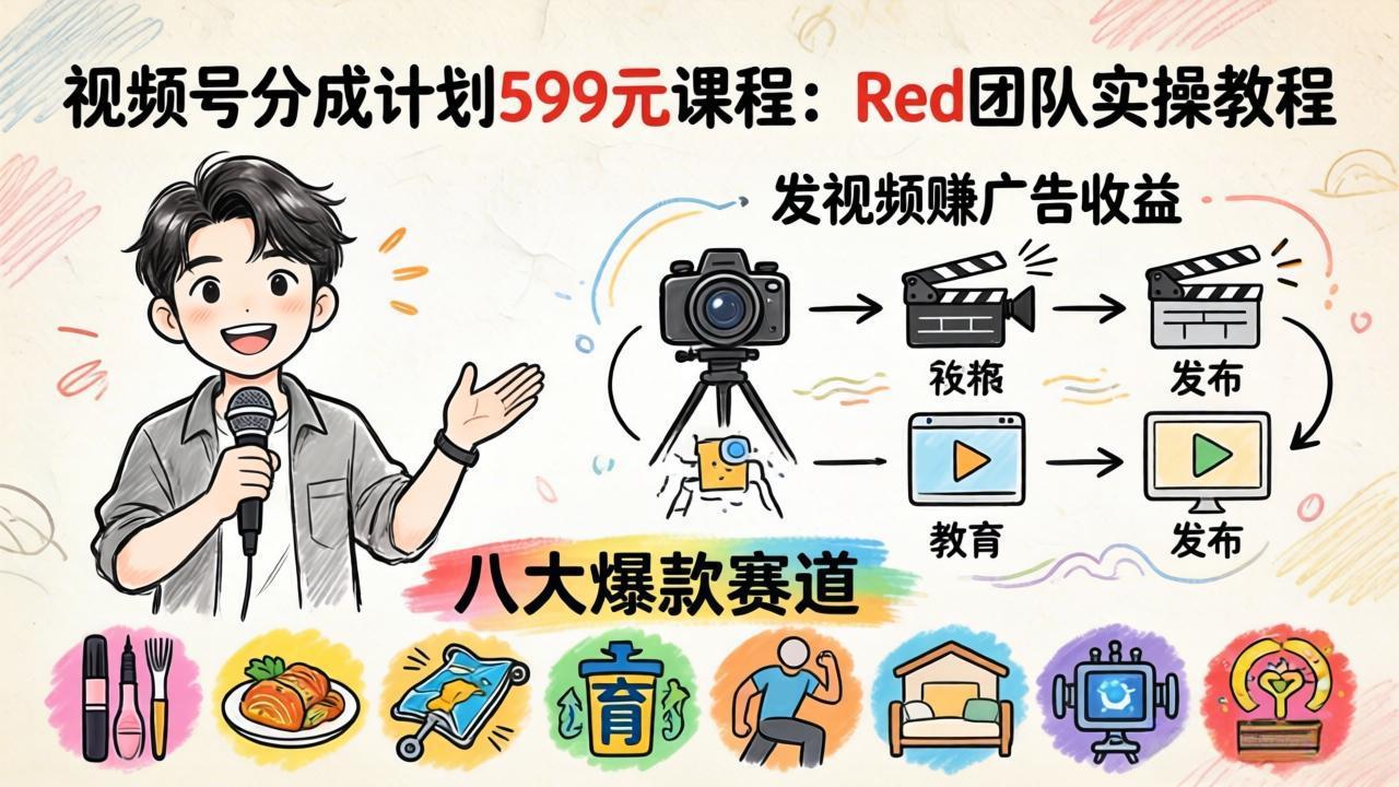 视频号分成计划599元课程：Red团队实操教程，发视频赚广告收益，八大爆款赛道全掌握云学当下-创业资源网-知予轻创网-资源整合-互联网创业课程云学当下