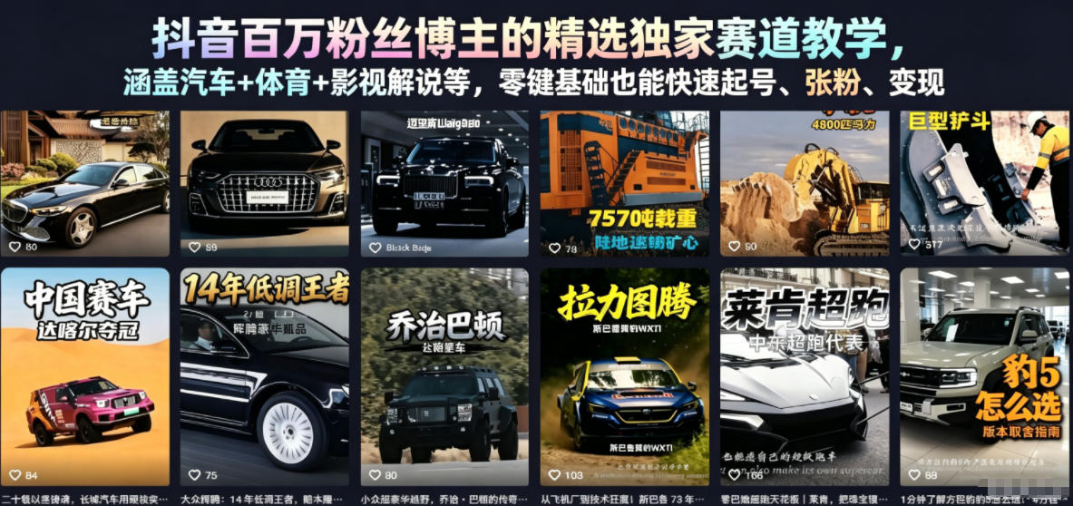 抖音百万粉丝博主的精选独家赛道教学，涵盖汽车+体育+影视解说等，零基础也能快速起号、涨粉、变现云学当下-创业资源网-知予轻创网-资源整合-互联网创业课程云学当下