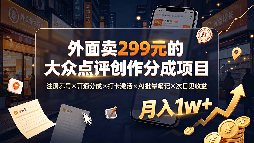 外面卖299元的大众点评创作分成项目：注册养号×开通分成×打卡激活×AI批量笔记×次日见收益，月入1w+云学当下-创业资源网-知予轻创网-资源整合-互联网创业课程云学当下