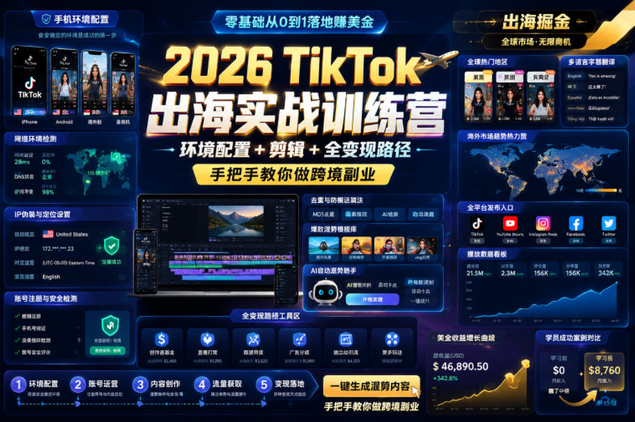2026 TikTok出海实战训练营,环境配置 + 剪辑 + 全变现路径,手把手教你做跨境副业云学当下-创业资源网-知予轻创网-资源整合-互联网创业课程云学当下