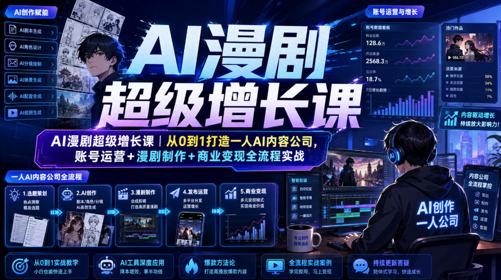 AI漫剧超级增长课｜从0到1打造一人AI内容公司，账号运营+漫剧制作+商业变现全流程实战云学当下-创业资源网-知予轻创网-资源整合-互联网创业课程云学当下